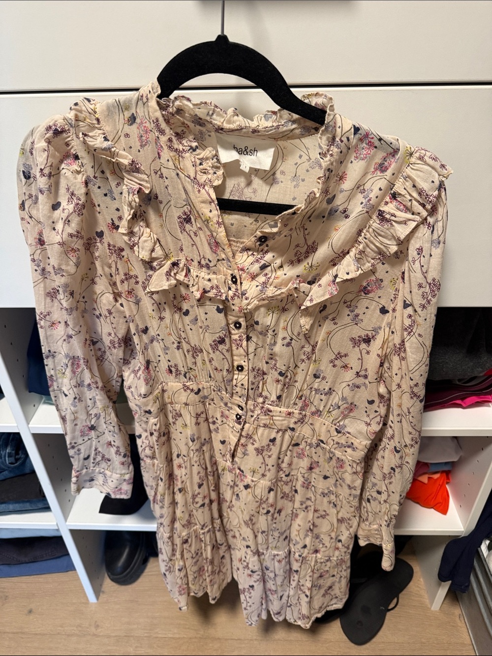 ba&sh Cream Floral Ruffle-Detail Long Sleeve Dress